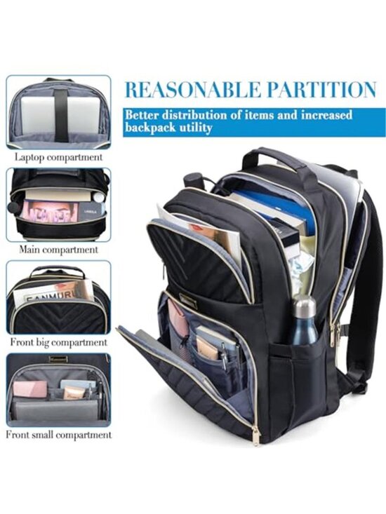 Women Quilted Laptop Backpack 15.6 Inch Anti Theft School Bookbag Black Gold main image 5